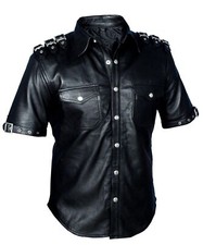 Mens Genuine Lambskin Soft Leather Shirt Police Uniform Style Shirt Hot BLUF GAY