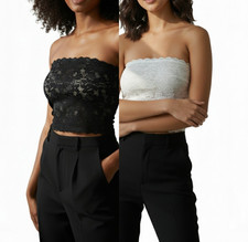 BLACK/IVORY  11 " LACE BOOB TUBE TOP STRAPLESS STRETCH BRA BANDEAU LINGERIE