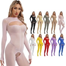 UK Womens Bodysuit Sexy Catsuit Compression Nightwear Sheer Jumpsuit Crotchless