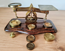 Antique Victorian Edwardian Brass Letter Postal Scales & Weights Wooden Base