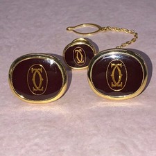 Cartier Cuffs Cufflinks Tie Pin Chain Set Bordeaux Gold Round Rare Used 