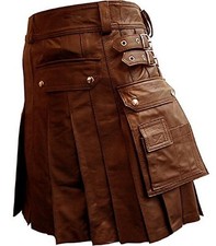 Men REAL Brown Leather Gladiator Pleated Utility LARP Costumes Kilt
