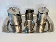 Old Hall stylish  1960s 'SS' Oriana 5pc satin stainless steel tea set  with tray