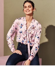 M&S Collection Women's Pink Floral Ruffle Blouse Size 14 With Neck Tie Pussy Bow