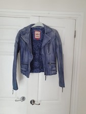 Joe Browns Blue Leather Vintage Style Biker Jacket Size 8