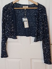 BNWT Coast Size XS Embellished Sequin Bolero Navy Polyester Hook & Eye Closure 