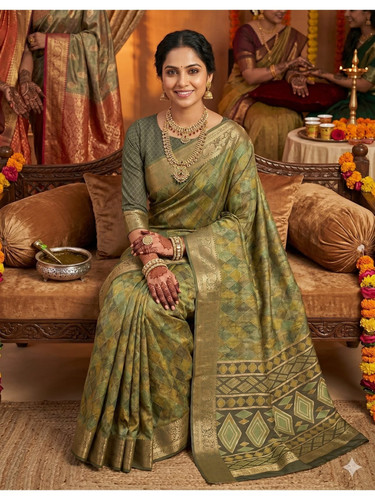Silk mehndi saree gold - saree,