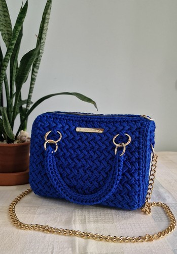 Crochet knit blue handbag - blue,