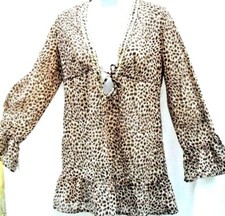 SIZE 10 BROWN/CREAM CHIFFON LEOPARD PRINT,GOLD SEQUIN, GATHERED TOP BY NEXT