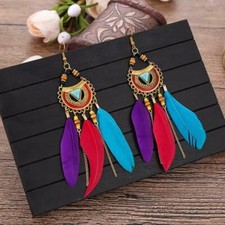 Feather Earrings Boho Tassel Long Swing Dangle White Black Turquoise Burgundy UK