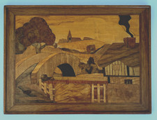 Midcentury Wood Marquetry Inlay Landscape Scene  15" x 11" Vintage Wall Art