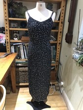 SIZE 12 90s VINTAGE BLACK STRAPPY MAXI DRESS BEADING AND SEQUINS ON CHIFFON
