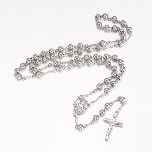 Silver steel rosary beads - silver,