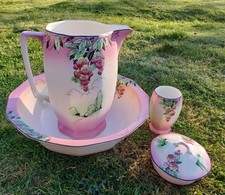  Large Vintage Washing bowl, Jug, Soap Dish, Pourer/Vase? Art Deco Style. Pink!