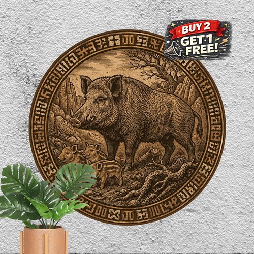 Wild boar sculpture disk metal - sculpture,