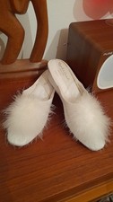 Vintage Russell & Bromley White Mule Leather Bridal Boudoir Fluffy Slippers 8 