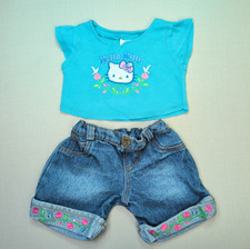 Build-A-Bear Hello Kitty Blue Floral Top & Embroidered Denim Jeans Outfit