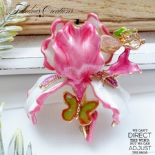 Statement Pink White Orchid Flower Brooch Vintage Look Enamel Lily Broach Gift