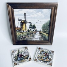 Royal Delft Dutch Wall Tiles x3 Windmill Pottery Weaver Hand-Painted 3 Tile Lot