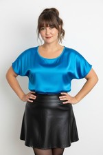 Blue shiny satin short sleeved