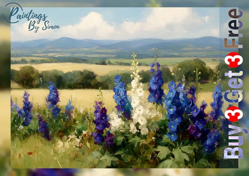 Blue flowers countryside - blue, 5"x7"
