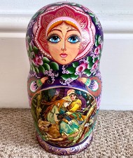 A set of 10 large Russian Nesting Dolls with a Fairy Tale theme signed