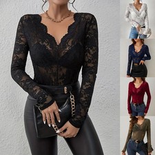 Women Sexy Lace Floral Tops T-Shirt Ladies See-Through Long Sleeve Slim Blouse