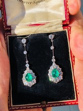 Striking Antique Edwardian Natural Colombian Emerald & Diamond Platinum Earrings