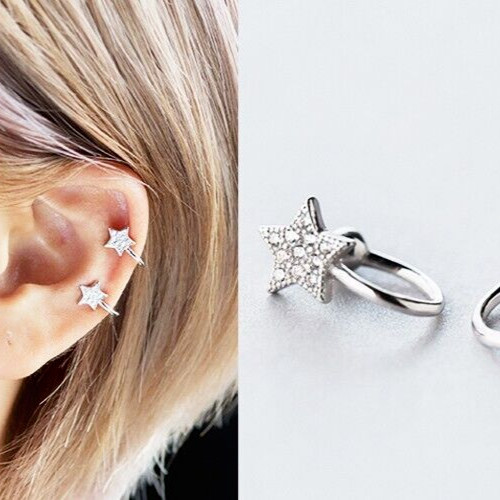 Silver star ear - star, cuff,