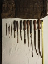 11 Vintage bearing scrapers ? & canvas tool roll. Sheffield steel.