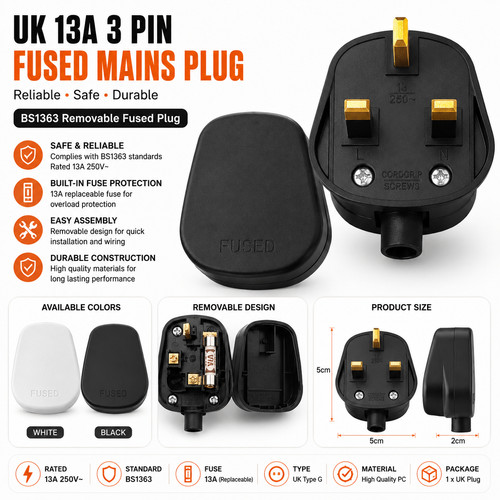 Black mains plug 13a pin - mains,