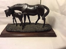 Super Vintage Heredities Black Horse & Foal On Wooden Plinth Signed Tom Mackie.