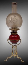 Antique Hinks Oil Lamp, Brass Base, Dark Red Glass Font, Etched And Cut Shade.