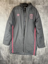 Umbro West Ham United Winter Long Coat Jacket Black Red Trim Hooded Size L 