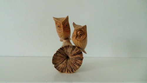 Pair wooden carved owls on - carved,