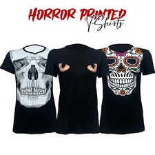 Women's Halloween T-Shirt Ladies Scary Skull Printed Short Sleeve Black Top