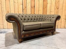 HANDMADE 2 SEATER SAGE GREEN TWEED HERRINGBONE WOOL FABRIC CHESTERFIELD SOFA