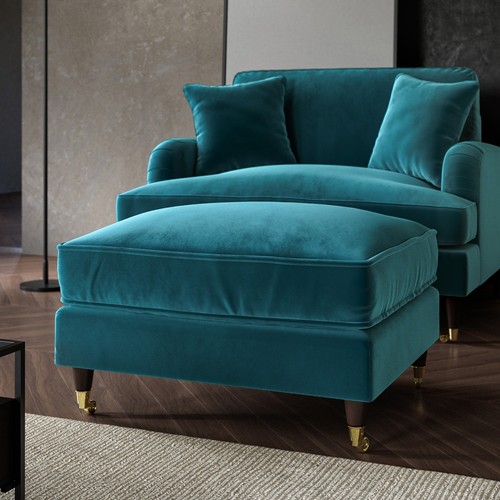 Large teal velvet footstool - large,