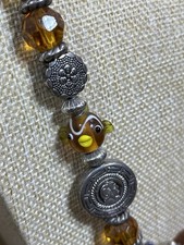 Vintage Unusual Long Amber Glass Bead Cute Glass Gold Fish Necklace 397