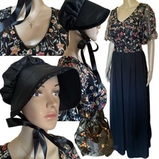 Jane Austen Style Black Sequinned Dress Outfit + Bonnet, Pouch bag, Necklace