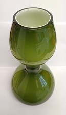 1970s HOLMEGAARD HOURGLASS SHAPED DARK GREEN VASE ENCASED WHITE GLASS INTERIOR.