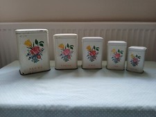 Vintage French Set of 5 Storage Tins Kitchenalia Sugar Flour Tea Coffee Pepper