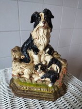 Sheep Dog Puppies and Lamb. Farmyard Scene Doorstop. Cast Iron. Hand Painted.