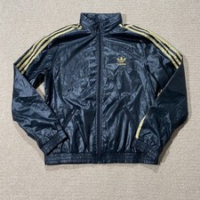 Adidas Tracksuit Top Womens Size 12 14 UK Medium Black Gold Wet Look 2000s
