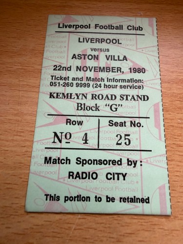 Ticket 1980 liverpool v - 1980/81,