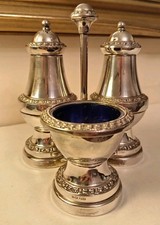 Vintage Silver Plate Condiment Set. By IANTHE. Blue Plastic Liner.