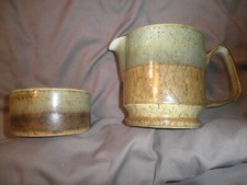 Iden Pottery Beige Green / Brown Speckled Milk Jug & Bowl Made In Rye, England