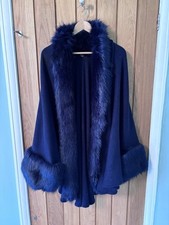 Joanna Hope Cape Shawl Poncho Navy Blue Fur Trim One Size