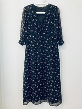 TopShop Black Floral Tea Length Boho 3/4 Sleeve Tie Front Dress UK 10