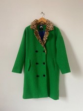 Lazy Oaf Women Coat Small Green Collar Long Boucle Double Breasted Leopard Fur